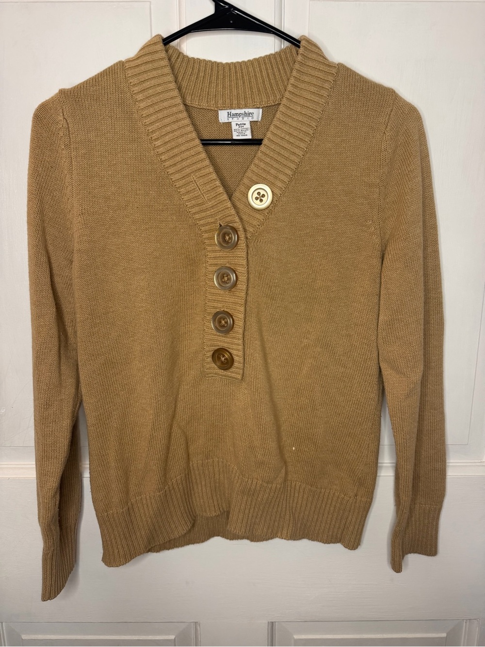 Hampshire Studio PM Petite Cotton Acrylic Knit Henley V-Neck Beige Sweater LS